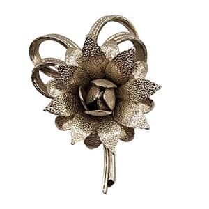 Vintage Silver Rose Brooch with Ribbon Loops – Mid-Century Floral 2”